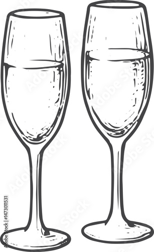 Black and white sketch of two champagne glasses, symbolizing celebration. Perfect for wedding toasts or party designs