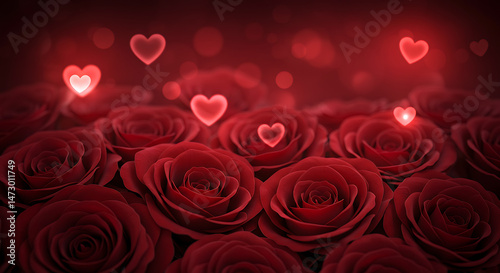 Romantic red roses with glowing hearts, capturing love and affection. A beautiful Valentine's Day theme or special occasion. Perfect for anniversaries.