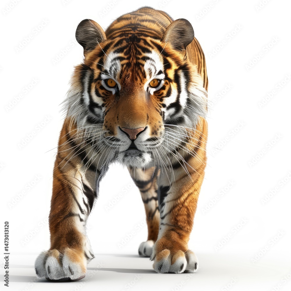 Fototapeta premium Majestic tiger strides forward, showcasing its powerful presence.