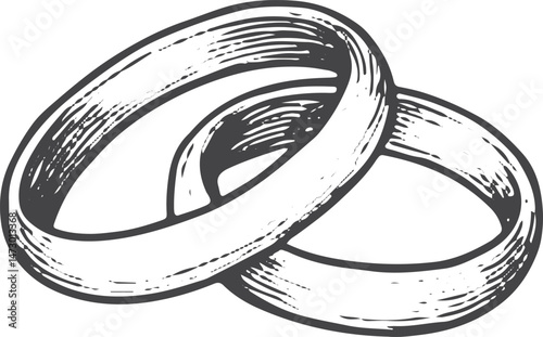 A detailed black and white illustration of two interlocking wedding rings, symbolizing unity, commitment, and everlasting love, perfect for wedding, engagement, and romantic event designs