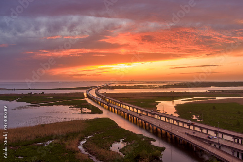 Aerial view of Mobile Bay at sunset in April