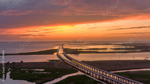 Aerial view of Mobile Bay at sunset in April