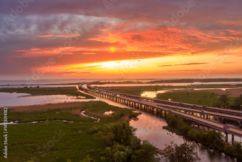 Aerial view of Mobile Bay at sunset in April
