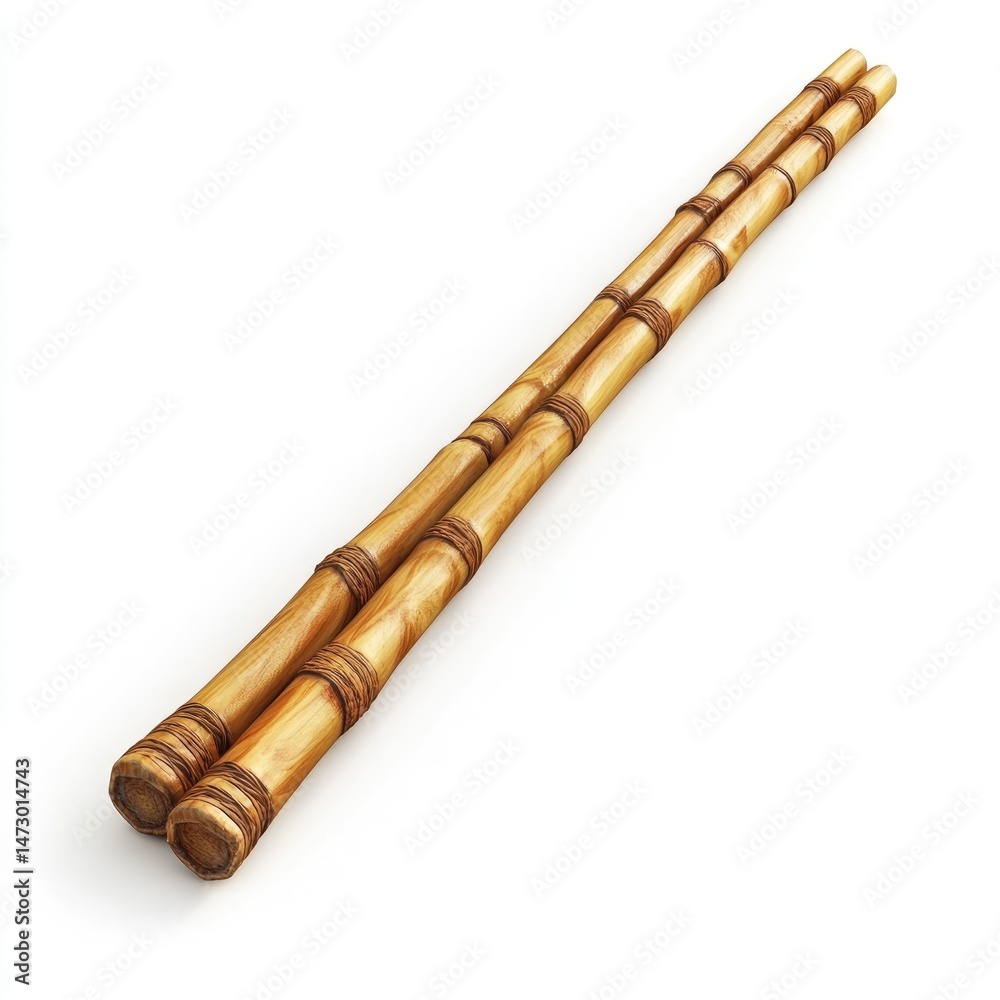 Naklejka premium Two long, light brown bamboo sticks, wrapped with rope.
