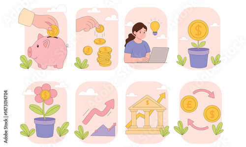 set money and economics. The set includes scenes of saving money in a piggy bank, investment, financial growth, online business, currency exchange, and economic stability.Economy and Money Concept 