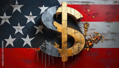 Rusty and weathered large dollar sign symbol with gold and metallic texture against a distressed American flag background with crumbling effects and drips
