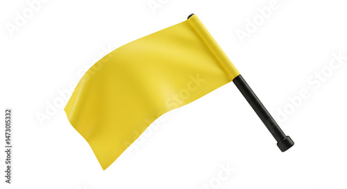 A vibrant yellow flag waving gently in the breeze, symbolizing caution or signaling in an outdoor setting with clear skies