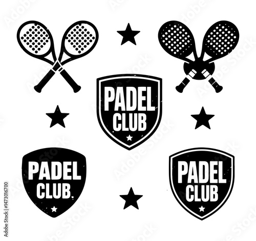 Set a Padel club design logo with rackets shields and star decorations