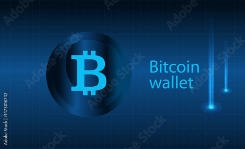 Bitcoin Symbol and Wallet Text in Blue with Light Beams
