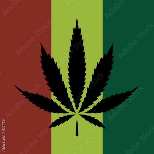 Black Cannabis Leaf Silhouette on Red Green and Yellow Stripes