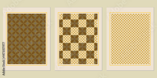 Geometric Elegance: A Triad of Framed Earth-Toned Patterns Displaying Harmonious Interplay between Shape, Color, and Rhythm, Creating a Sophisticated Decorative Ensemble