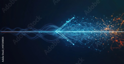 Abstract digital visualization of interconnected blue and orange data streams converging and diverging with glowing nodes and waveforms on a dark background