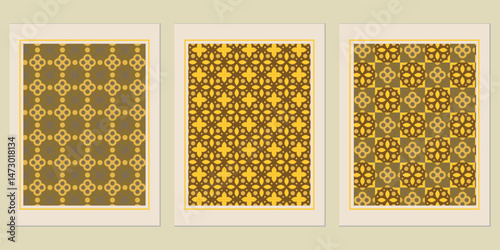 Elegant patterned artwork series exhibiting balanced symmetrical compositions and intricate designs, creating a timeless aesthetic for interior decoration or artistic expressions