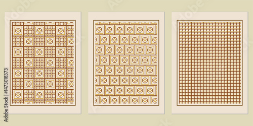Elegant trio of framed geometric patterns exhibiting repetitive floral elements and subdued earth tones, presenting an organized display, a captivating design and decorative appeal