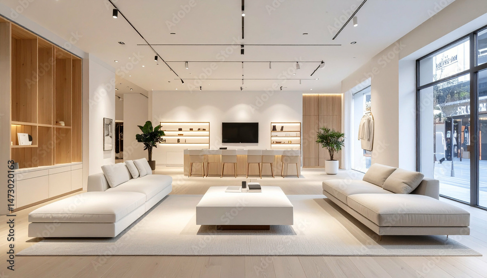 Bright interior featuring sofas, center table, shelf, plants, and exterior view through a large window Bright interior featuring sofas, center table, shelf, plants, and exterior view through a large window