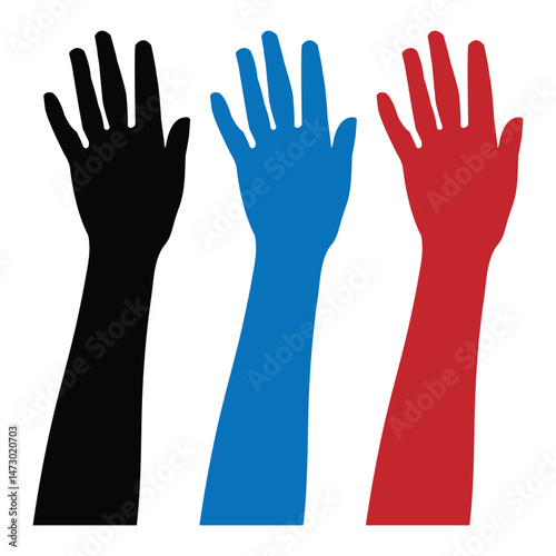 Hand sign. Raised hand icon symbolizing stop or interaction, voting. open hands up. 