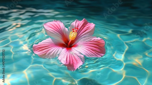 Delicate pink hibiscus flower floating on calm clear blue water with gentle ripples and sunlight reflections