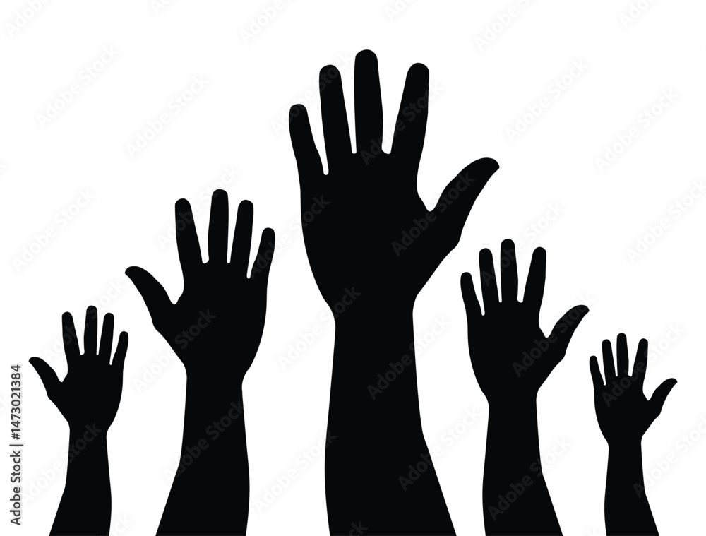 Hand sign. Raised hand icon symbolizing stop or interaction, voting. open hands up. 