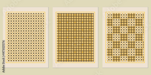 Elegant triptych featuring geometric patterns in earthy tones, evoking a sense of mid-century modern sophistication and timeless interior design appeal