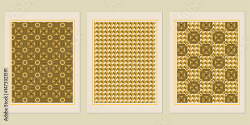 Decorative framed patterns showcasing tessellated brown and golden geometric designs evoking retro sophistication and timeless stylistic elements