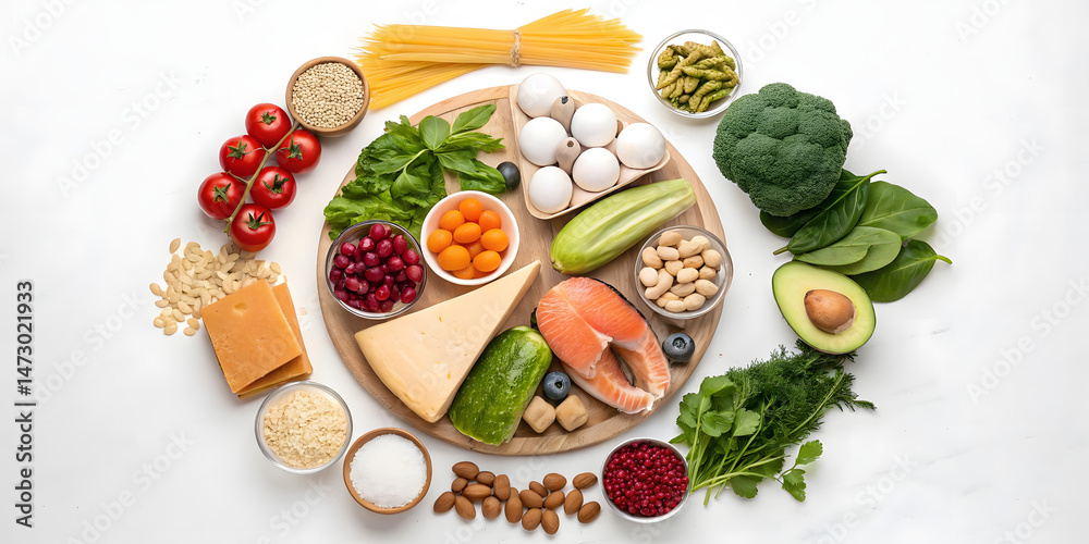 Top View of Healthy Food Chart with White Background - Fruits, Vegetables, Protein, Grains, and Dairy Products Top View of Healthy Food Chart with White Background - Fruits, Vegetables, Protein, Grains, and Dairy Products