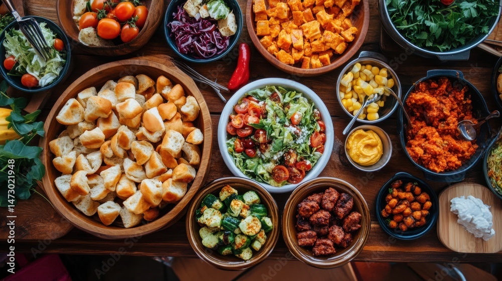 Overhead Shot Featuring an Assortment of Various Food Bowls on Wood Table Overhead Shot Featuring an Assortment of Various Food Bowls on Wood Table
