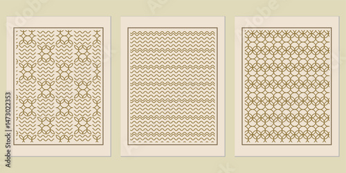 Elegant trio of geometric patterned art prints showcasing refined vintage aesthetics and harmonic repeating designs for timeless home decor