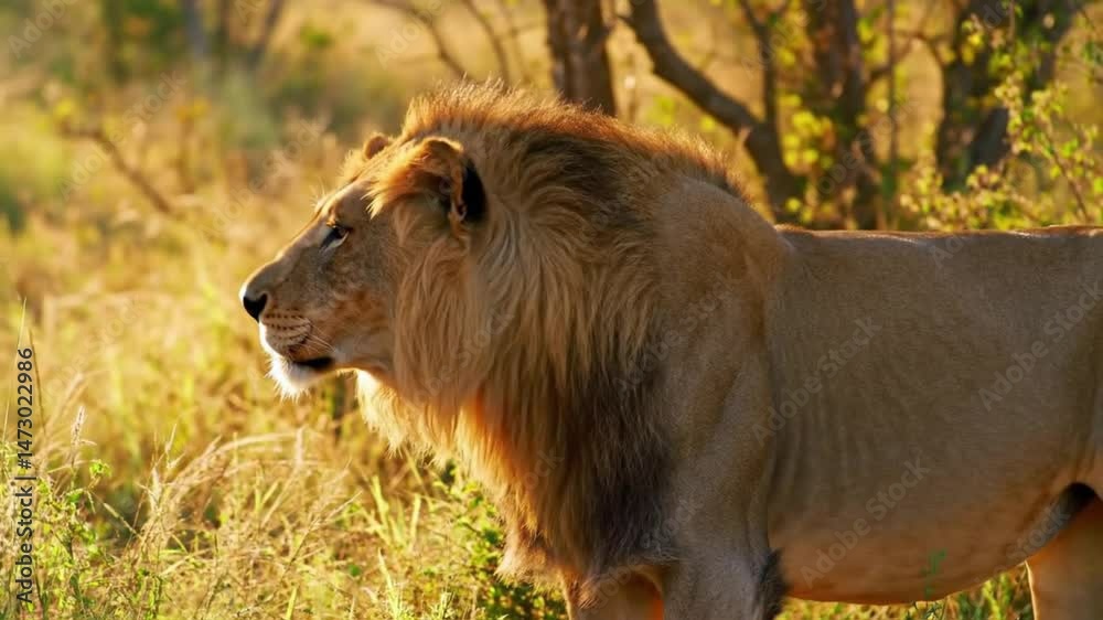 Lion standing in tall grass with trees in the background during golden hour light in the savanna Lion standing in tall grass with trees in the background during golden hour light in the savanna