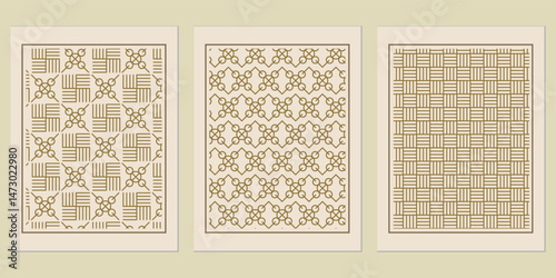 Elegant triptych displaying geometric patterns with intricate linear designs, evoking sophistication and timeless appeal, showcasing aesthetic harmony