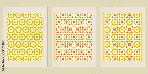 Geometric pattern triptych featuring harmonious colors and elegant shapes, presenting an array of ornate ornamental designs, enhancing overall visual aesthetic