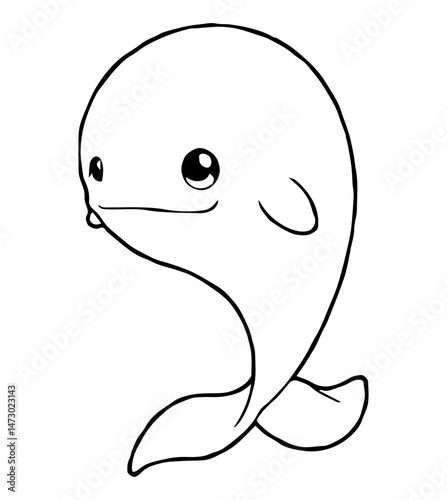 Cartoon Beluga Whale Outline with Big Eyes and Smiling Expression