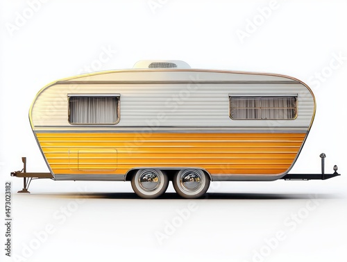 Side view of a vintage yellow and white travel trailer with two windows and dual wheels isolated on a white background