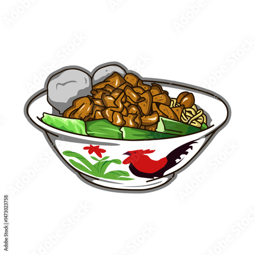 Cartoon Bowl of Chicken Noodle Soup with Meatballs and Vegetables