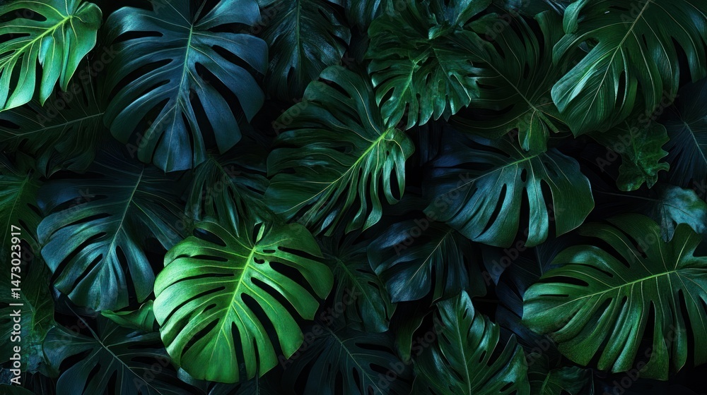 cluster of large dark green monstera leaves with distinctive holes and splits creating a lush tropical foliage scene cluster of large dark green monstera leaves with distinctive holes and splits creating a lush tropical foliage scene