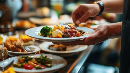 Buffet meal service showing fresh ingredients and savory cooked food offerings