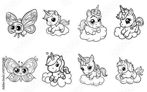 Cartoon Butterfly and Unicorns Sitting on Clouds Line Art