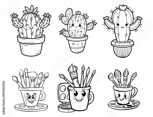 Cartoon Cacti in Pots and Cups Filled with Paintbrushes Black and White
