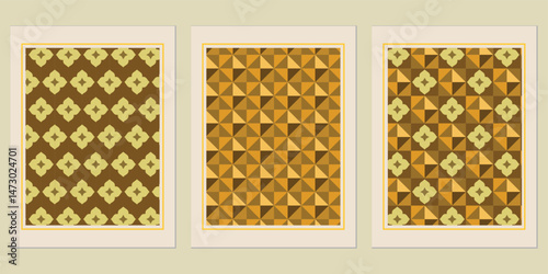 Triptych of framed geometric patterns, featuring symmetrical floral motifs and tessellated triangles in earthy autumnal tones, evoking a sense of retro modern design