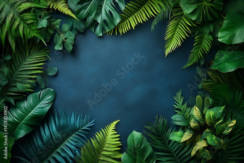 Tropical Leaves on Blue Background