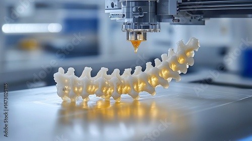 3D printed spine model.  A medical 3D printer is in action, meticulously creating a complex spinal column model.  The glowing, white structure sits on a reflective surface