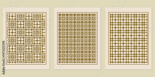 Symmetrical geometric patterns framed with soft border, creating a cohesive trio for wall art or decorative panel designs with a nod to global motifs