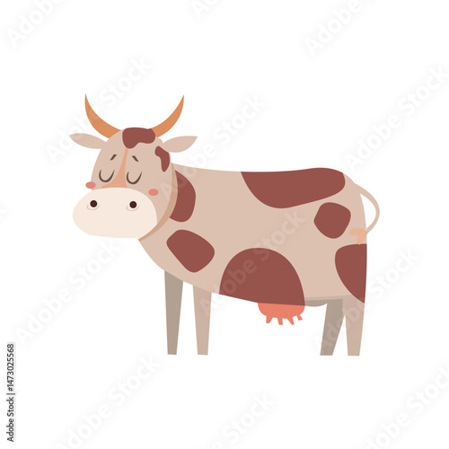 Cartoon Cow with Brown Spots and Tan Horns Illustration