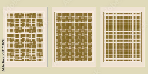 A Trio of Geometric Prints: Harmonious Balance of Rectilinear Forms for Contemporary Wall Decor and Interior Design Enhancement with Intricate Interwoven Structures