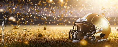 Gold football helmet on a field with confetti
