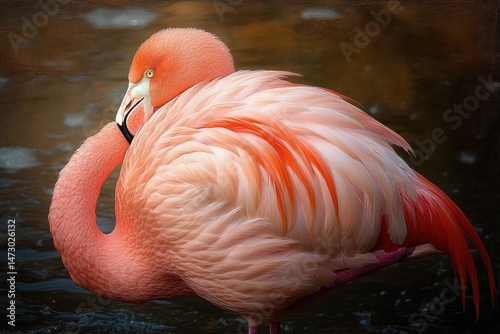 Close-up of a pink flamingo with vibrant feathers resting near dark water, showcasing smooth textures and a calm, serene mood photo