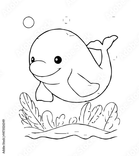 Cartoon Dolphin Leaping Above Water with Plants and a Circle