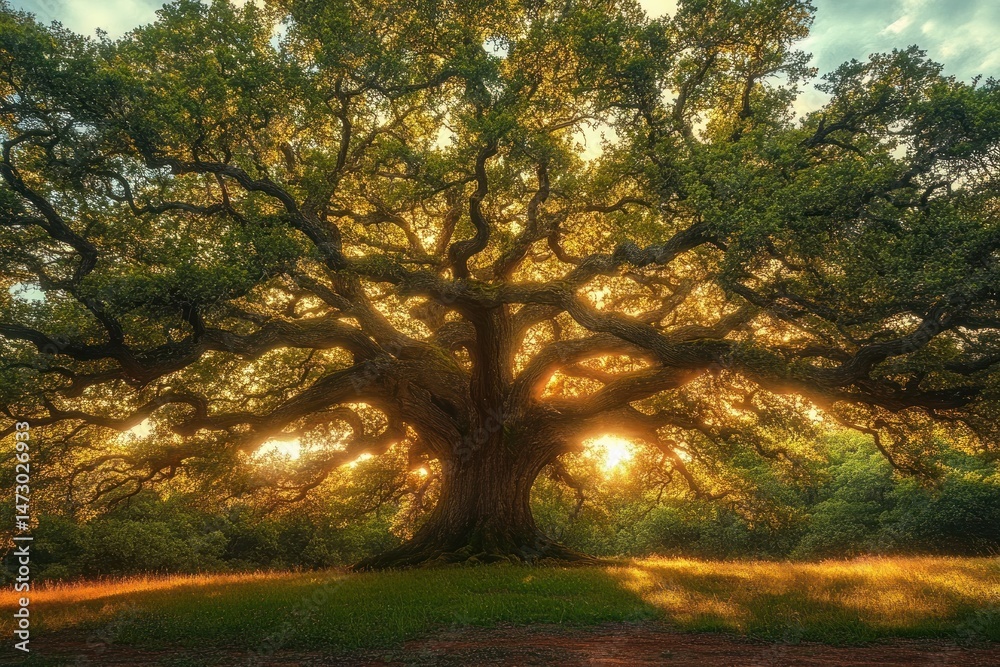 Naklejka premium Majestic ancient tree with sprawling branches bathed in warm golden sunlight over a peaceful grassy field under a soft sky
