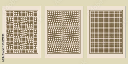Three abstract decorative geometric posters featuring intricate checkered patterns and retro aesthetic, evoking a sense of vintage art and rhythmic mosaic design
