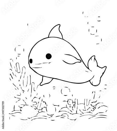 Cartoon Dolphin with Coral and Bubbles Line Art