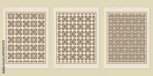 Geometric tapestry in sepia tones: Three framed panels showcasing symmetric botanical patterns in a sophisticated color palette for wall decoration